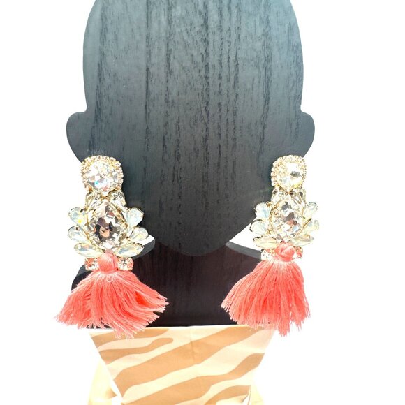 2/$24 Crystal & Coral Pink Tassel Drop Earrings Statement Jewelry - Picture 8 of 9